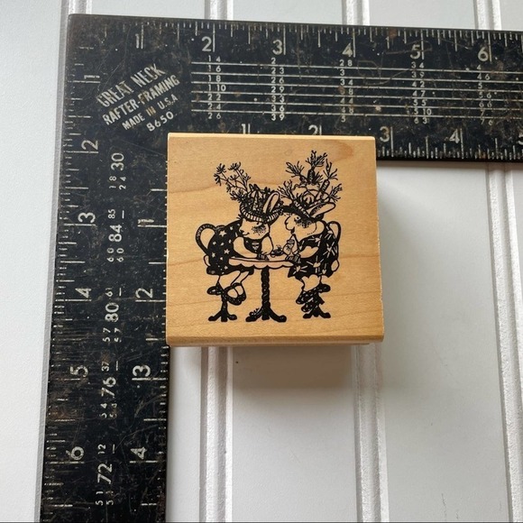 Vintage Wood Block Rubber Stamp Hamilton Arts Bunny Rabbit Lady Gossip Tea Dress - Picture 5 of 6